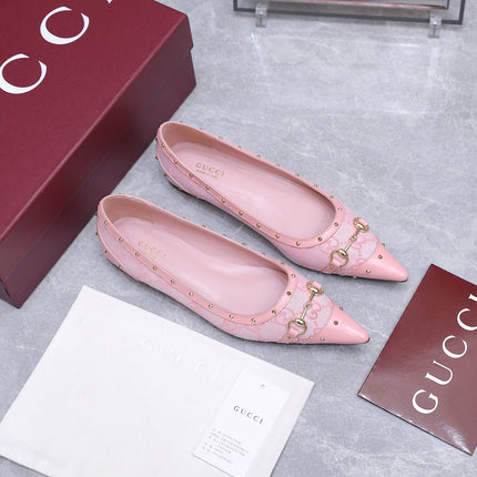GUCCI 26S SAVOY BALLERINA FLATS IN PINK CANVAS AND CALFSKIN WITH STUDDED TRIM