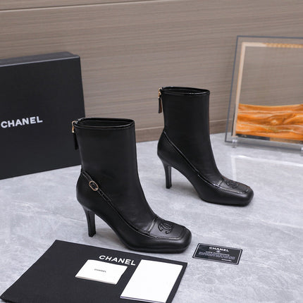 CHANEL 26S ANKLE BOOTS 80 MM IN BLACK CALFSKIN WITH PATENT LEATHER TRIM AND CC LOGO ON TOE CAP