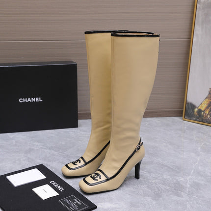 CHANEL 26S KNEE HIGH BOOTS 80 MM IN BEIGE CALFSKIN WITH BLACK PATENT LEATHER TRIM AND CC LOGO ON TOE CAP