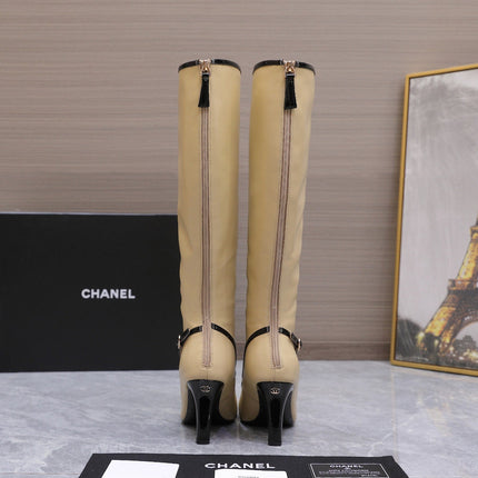 CHANEL 26S KNEE HIGH BOOTS 80 MM IN BEIGE CALFSKIN WITH BLACK PATENT LEATHER TRIM AND CC LOGO ON TOE CAP