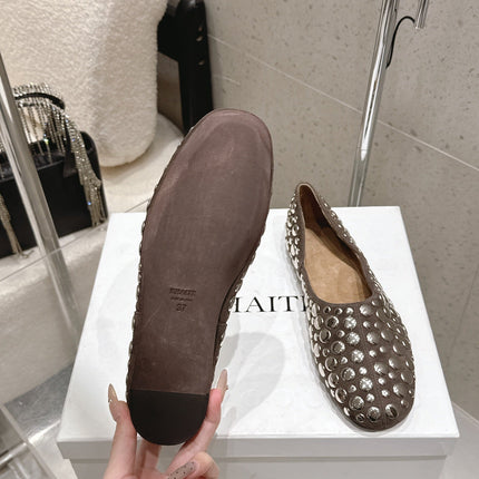 CELINE 26S FLAT SHOES IN TOFFEE BROWN SUEDE WITH METAL STUDS