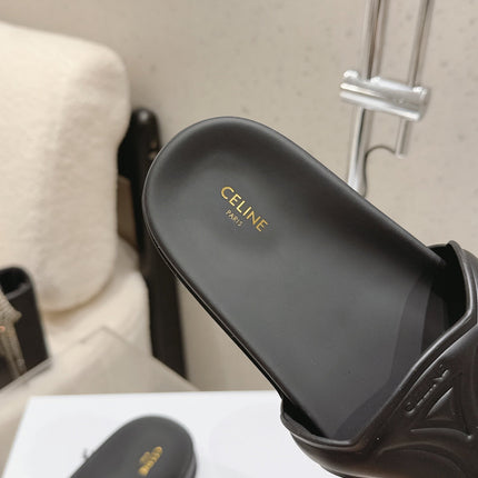 CELINE 26S TRIOMPHE SLIDES IN BLACK CALFSKIN