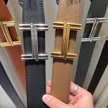 HM TRAVERSE BELT BUCKLE & REVERSIBLE COFFEE BROWN AND BLACK LEATHER STRAP 38 MM GOLD HARDWARE