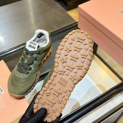 MIUMIU 26S SNEAKERS IN ARMY OLIVE FABRIC AND SUEDE