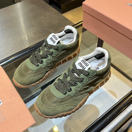 MIUMIU 26S SNEAKERS IN ARMY OLIVE FABRIC AND SUEDE