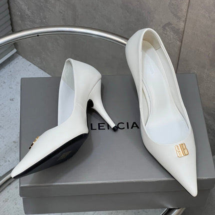 BALENCIAGA 25S HIGH-HEEL SHOES 85 MM IN WHITE COW LEATHER WITH GOLD HARDWARE