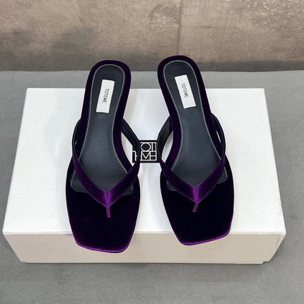 THE ROW 26S SQUARE TOE THONG KITTEN HEEL SANDALS 45MM IN PURPLE VELVET