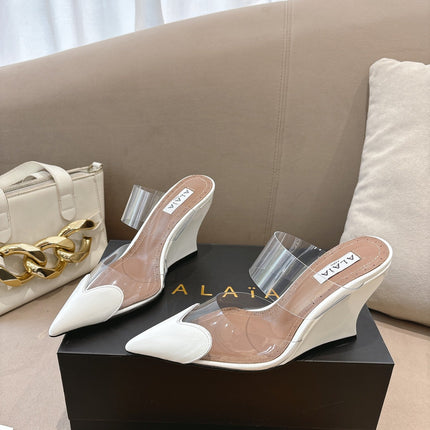 ALAIA 26S HIGH-HEEL WEDGE MULES 95 MM IN WHITE GLOSSY CALFSKIN