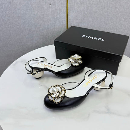 CHANEL 26S CAMELLIA PEARL SLINGBACKS IN BLACK CALFSKIN
