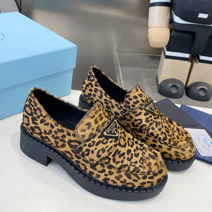 PRADA 26S LOAFERS IN BROWN LEOPARD PRINT PONY HAIR