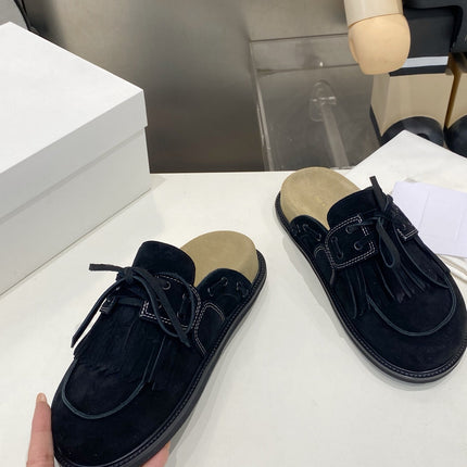 THE ROW 26S FRINGE LACE UP MULES IN BLACK SUEDE