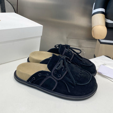 THE ROW 26S FRINGE LACE UP MULES IN BLACK SUEDE