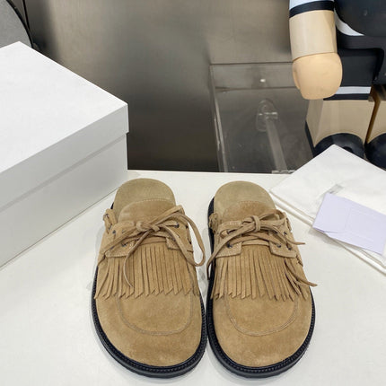 THE ROW 26S FRINGE LACE UP MULES IN SAND BEIGE SUEDE