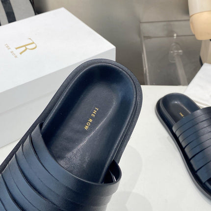 THE ROW 26S MULTI STRAP SLIDES IN BLACK CALFSKIN