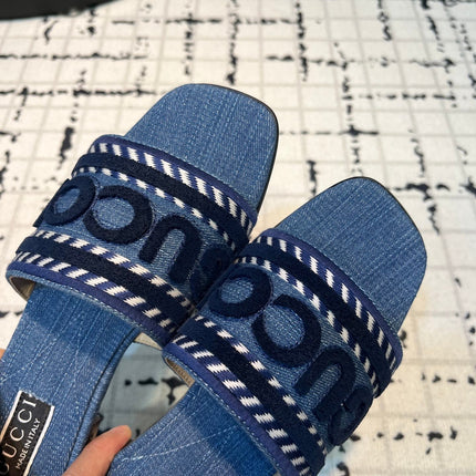 GG SLIDE SANDAL WITH GUCCI SCRIPT AEGEAN DENIM