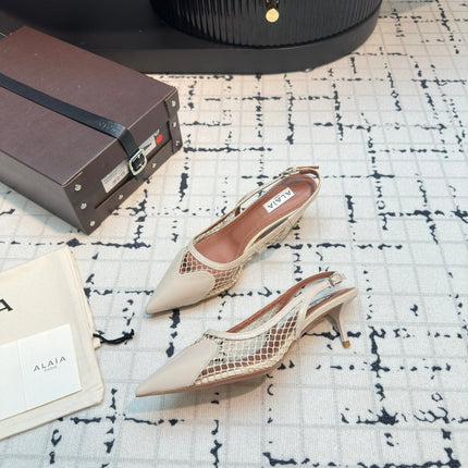 ALAIA SLINGBACKS 5 CM IN BEIGE CREAM CALFSKIN WITH MESH
