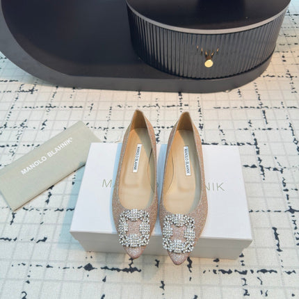 Hangisi 20 Ballet Flat Beige Glitter Fabric Leather Jewel Buckle 912605