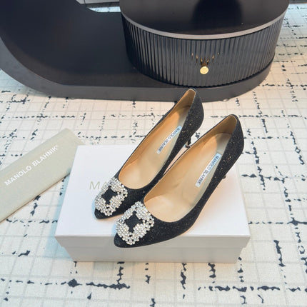 Hangisi 70 Black Glitter Fabric Leather Jewel Buckle Pumps 912612