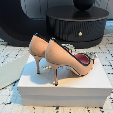 Hangisi 100 Pink Linen with Black Leather Jewel Buckle Pumps 161071