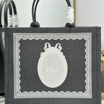 DIOR 26S BOOK TOTE BAG 42 IN GREY AND WHITE LACE BAYADERE FABRIC