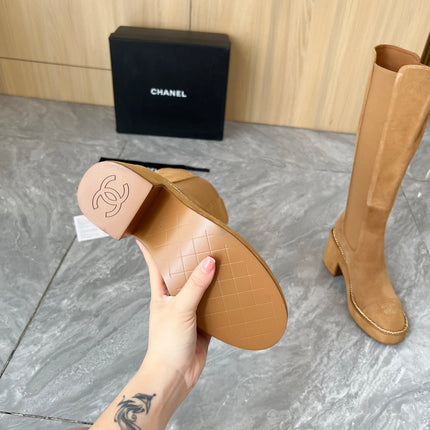 CHANEL HIGH BOOTS 8.5CM IN CARAMEL BROWN SUEDE