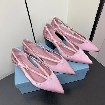 CUT-OUT PUMPS WITH BEAD BUCKLE IN BABY PINK SATIN