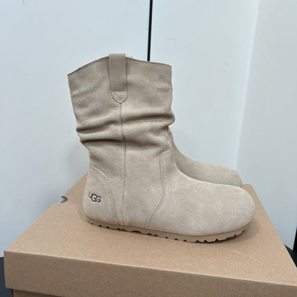 STACKED WRINKLE SHORT BOOTS IN KHAKI BROWN SUEDE