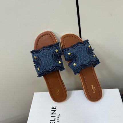 CELINE FLAT SANDALS IN BLUE TRIOMPHE DENIM
