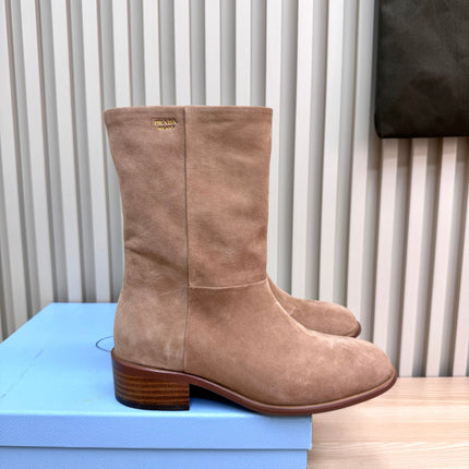 PRADA 25S LOW-CUT BOOTS IN LIGHT CARAMEL BROWN SUEDE
