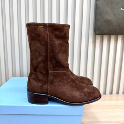PRADA 25S LOW-CUT BOOTS IN DARK BROWN SUEDE