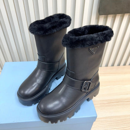 PRADA 25S MARTIN BOOTS IN BLACK CALFSKIN FUR-LINED