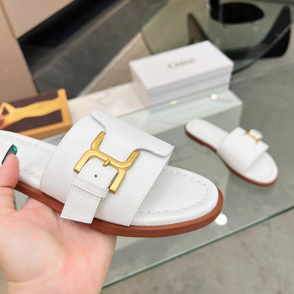 HLOE MARCIE SLIDE IN WHITE CALFSKIN WITH GOLD HARDWARE