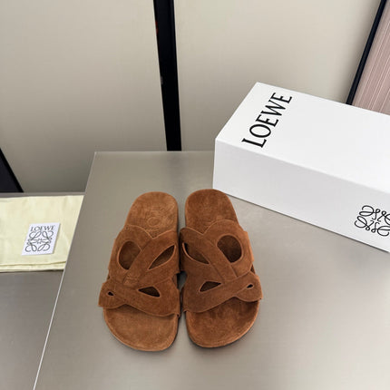 LOEWE 26S SLIDE SANDALS 30MM IN CARAMEL BROWN SUEDE