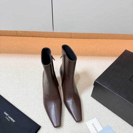 YSL 26S HEELED ANKLE BOOTS 70 MM IN DARK BROWN LAMBSKIN