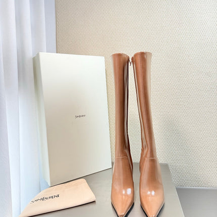 YSL 26S HIGH-HEEL TALL BOOTS 105 MM IN CAMEL SHINY LAMBSKIN