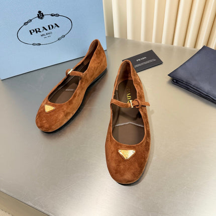 PRADA 26S MARY JANE FLATS IN COGNAC BROWN SUEDE