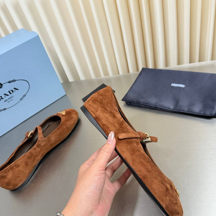 PRADA 26S MARY JANE FLATS IN COGNAC BROWN SUEDE