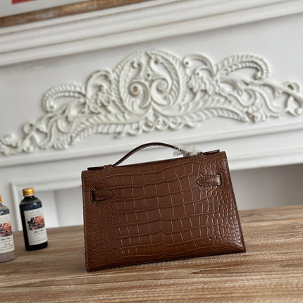 HM 25S KELLY MINI 22 CM IN BROWN LAMBSKIN WITH CROCODILE EMBOSSING AND SILVER HARDWARE