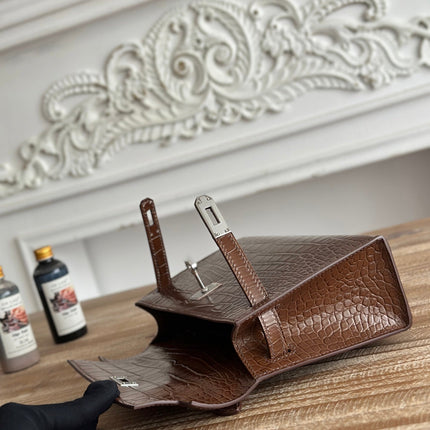 HM 25S KELLY MINI 22 CM IN BROWN LAMBSKIN WITH CROCODILE EMBOSSING AND SILVER HARDWARE