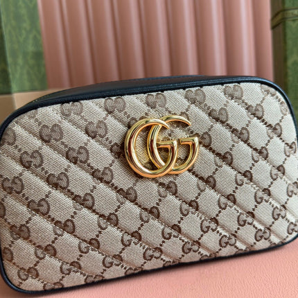 MARMONT MEDIUM SHOULDER BAG 24 IN BEIGE AND BROWN GG CANVAS BLACK CALFSKIN