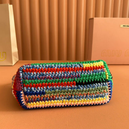 CROCHET SHOULDER BAG 25.5 COLORFUL WOOL WITH BROWN STRAP CALFSKIN