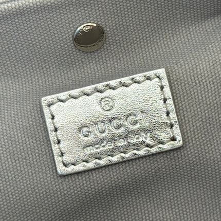 GUCCI 26S GG EMBLEM BUCKET BAG 19 IN BEIGE AND SILVER CANVAS
