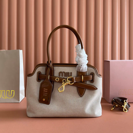 MIUMIU 26S HANDBAG 31 IN BROWN LEATHER AND BEIGE CANVAS