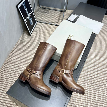 CHLOÉ 26S KNEE-HIGH BOOTS IN EARTH BROWN CALFSKIN