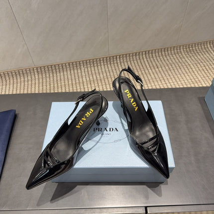 PRADA 26S POINTED TOE SLINGBACK HIGH HEELS 75MM IN BLACK CALFSKIN