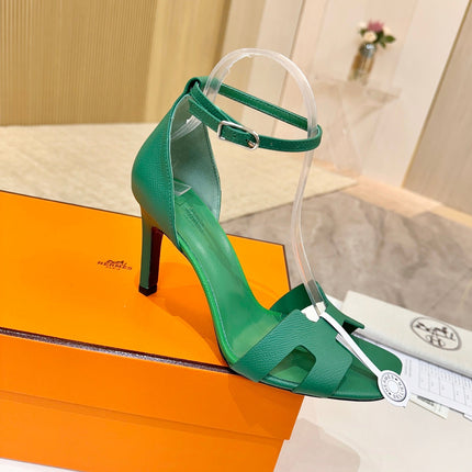 HM 26S H HIGH HEEL SANDALS 90MM IN GREEN GRAINED CALFSKIN