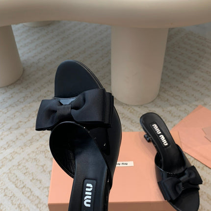 Black Mid - Heels With Black Bow Calfskin
