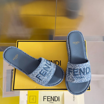 FENDI PLATFORM WEDGES IN STEEL BLUE JACQUARD FABRIC WITH EMBROIDERED LOGO