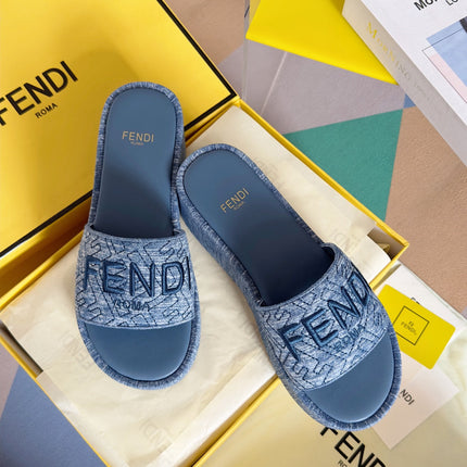 FENDI PLATFORM WEDGES IN STEEL BLUE JACQUARD FABRIC WITH EMBROIDERED LOGO