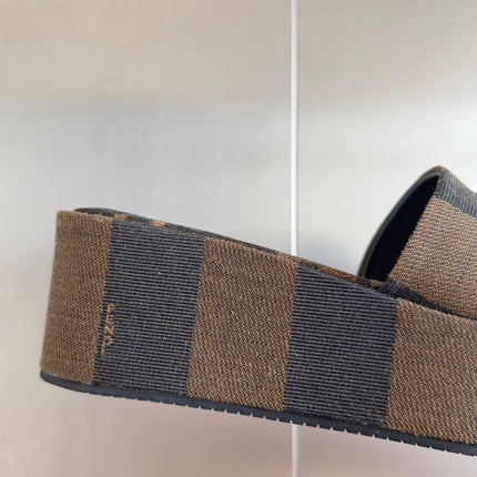 FENDI PLATFORM WEDGES IN CHOCOLATE BROWN FF MONOGRAM FABRIC